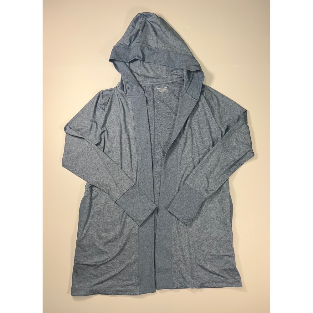 Athleta Uptempo Wrap Cardigan Women M Blue Heathered‎ Hooded Open Front Pockets